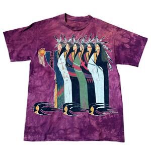 Vintage The Mountain Native American Print T Shirt Red Orange Tie Dye Western